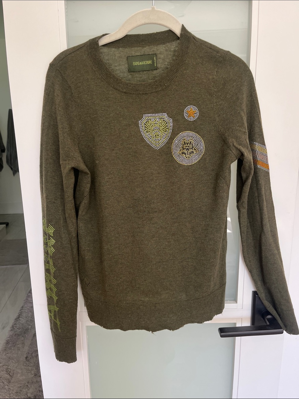 Zadig & Voltaire Olive Green Crewneck Sweater with Stud Embellishments